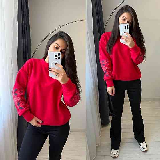 Женский теплый костюм: кофта с принтом и лосины двусторонний флис + дайвинг на флисе Красный, 50/52 Одесса