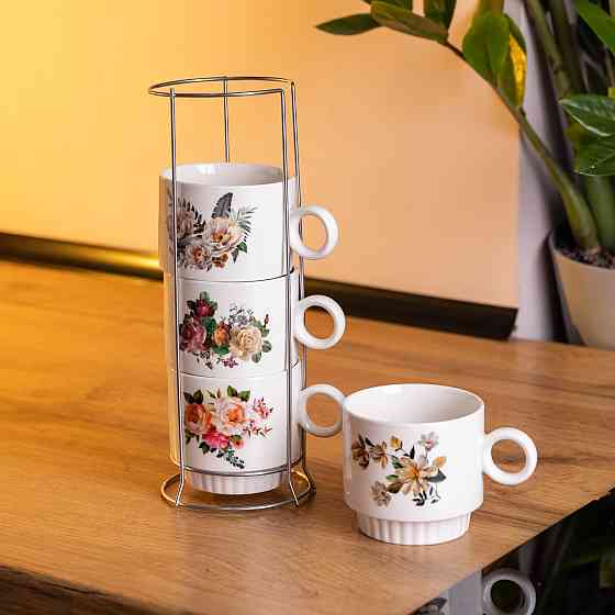 Набор чашек для чая и кофе на металлической подставке Flower 4 (шт) по 300 (мл) подарочный набор фарфоровых чашек FM-7 SBR Киев