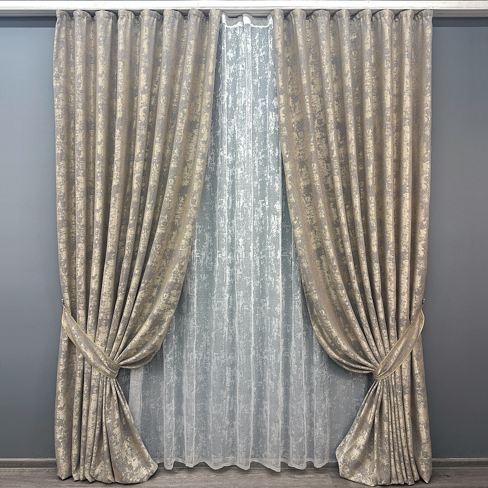 Комплект штор VR-Textil Жакард Мармур 200х270 2шт і Тюль 500х270 1144ш-1400т Кавово-сірий з білим 71-117/6 Київ - фото 1