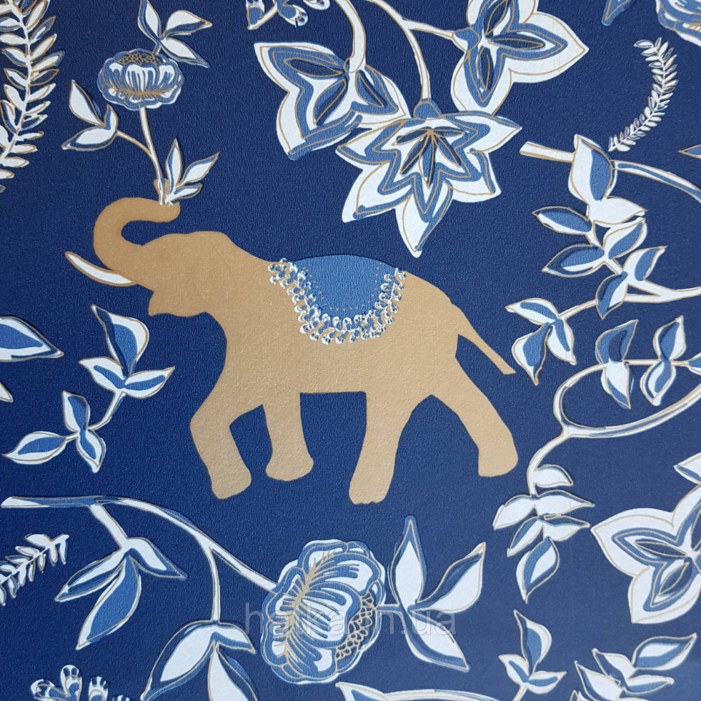 Шпалери вінілові на флізелін Caselio Mystery 0.53х10 м дитячі яскраві блакитні квіти білі слони золотом на Київ - фото 4