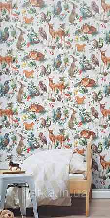 Шпалери флізелінові еко Rasch Kids World 0.53х10 дитячі косулі білки лисиці птиці шишки ягоди на білому Київ