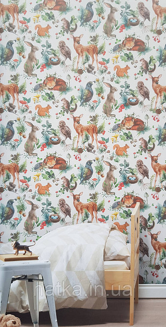 Шпалери флізелінові еко Rasch Kids World 0.53х10 дитячі косулі білки лисиці птиці шишки ягоди на білому Київ - фото 2