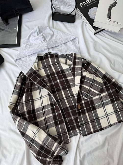 Женская оверсайз рубашка в клетку с капюшоном турецкий кашемир Шоколад, 42/46 Одесса - изображение 4