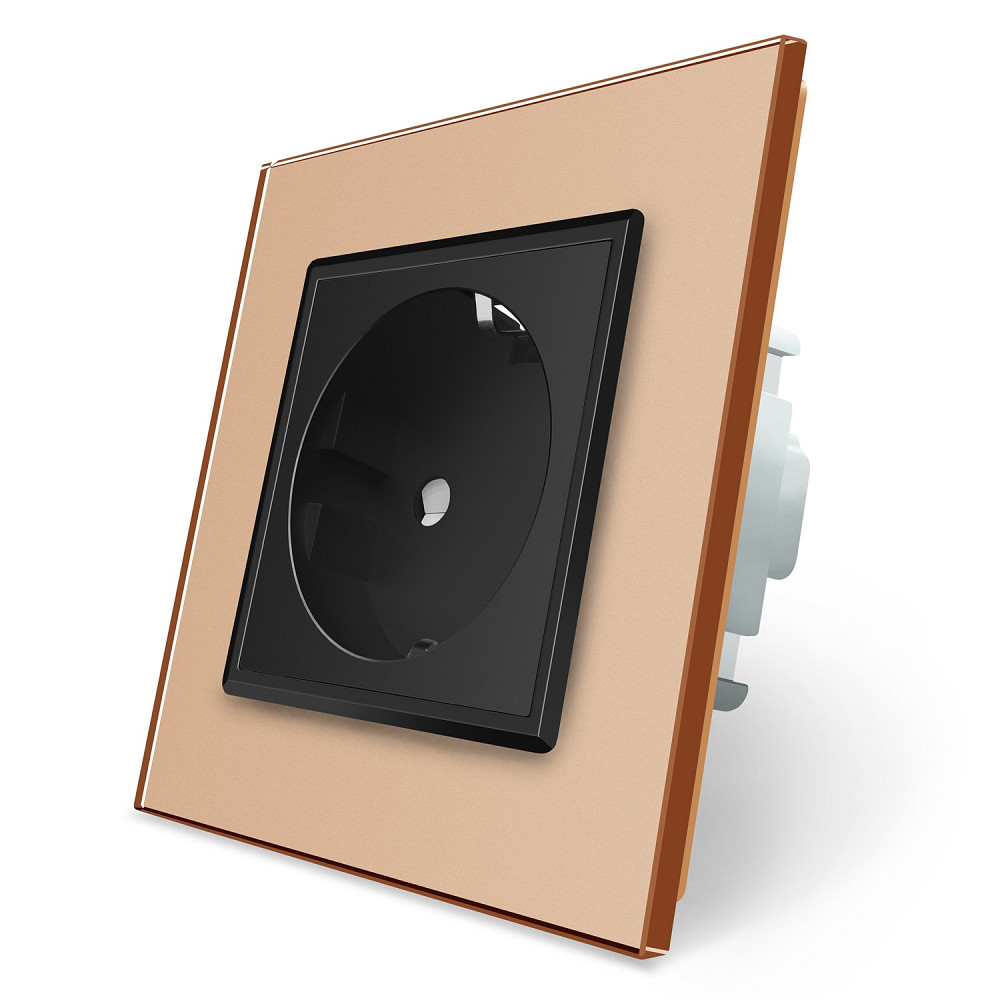 LIVOLO Електрична розетка з заземленням LIVOLO, чорна з золотою рамкою, шторки, скло, 250В 16А Коломия - фото 1