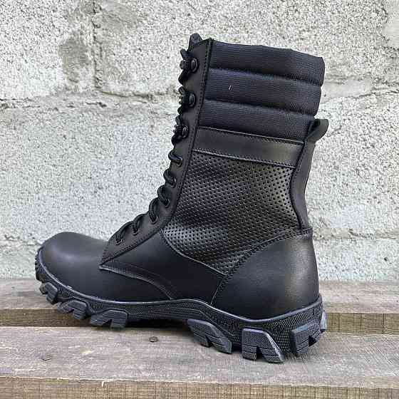 Тактические летние мужские берцы черные, высокие кожаные военные берцы водостойкие, прошитые Львов