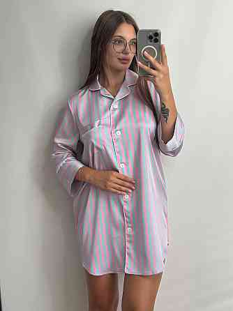 Жіноча нічна сорочка сатинова Блакитно-рожевий смужка L Харків