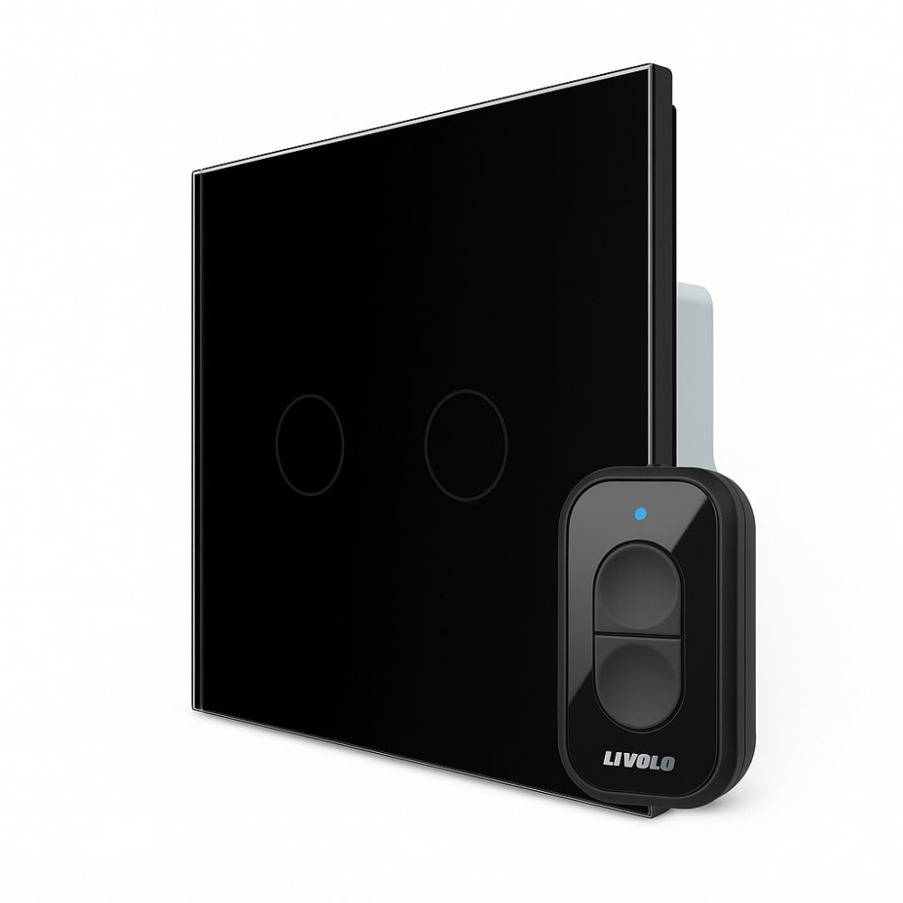 2-сенсорний радіокерований (дистанційний) сенсорний вимикач LIVOLO чорний матове скло, з пультом ДУ, 5А 230В Коломия - фото 1