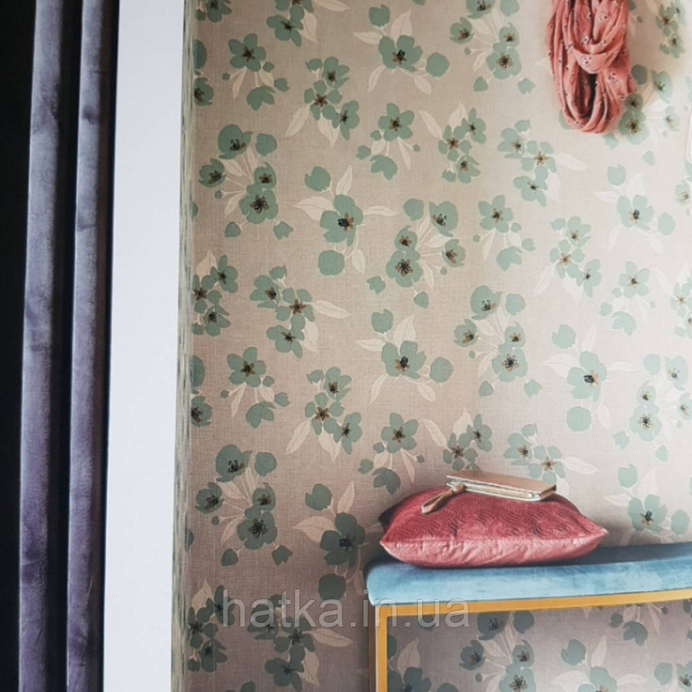 Шпалери вінілові Lutece Melody 51196704 квіти бірюзове листя білі на сіро-бежевому в крапку тлі Київ - фото 1