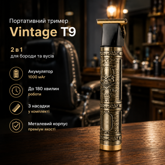 Портативный триммер Vintage T9 для бороды и усов 2 в 1, аккумуляторный 1000 мАч, 3 насадки, металлический корпус, 180 мин работы Киев