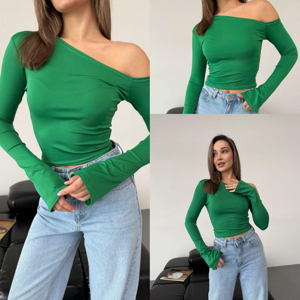 Женский стильный лонгслив с открытым плечом турецкий микродайвинг Зелёный, 42/44 Одесса - изображение 1