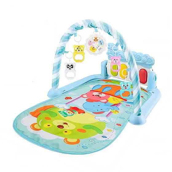 Развивающий детский коврик с пианино, подвесными игрушками, шкалой роста, голубого цвета, принт животные Каменец-Подольский