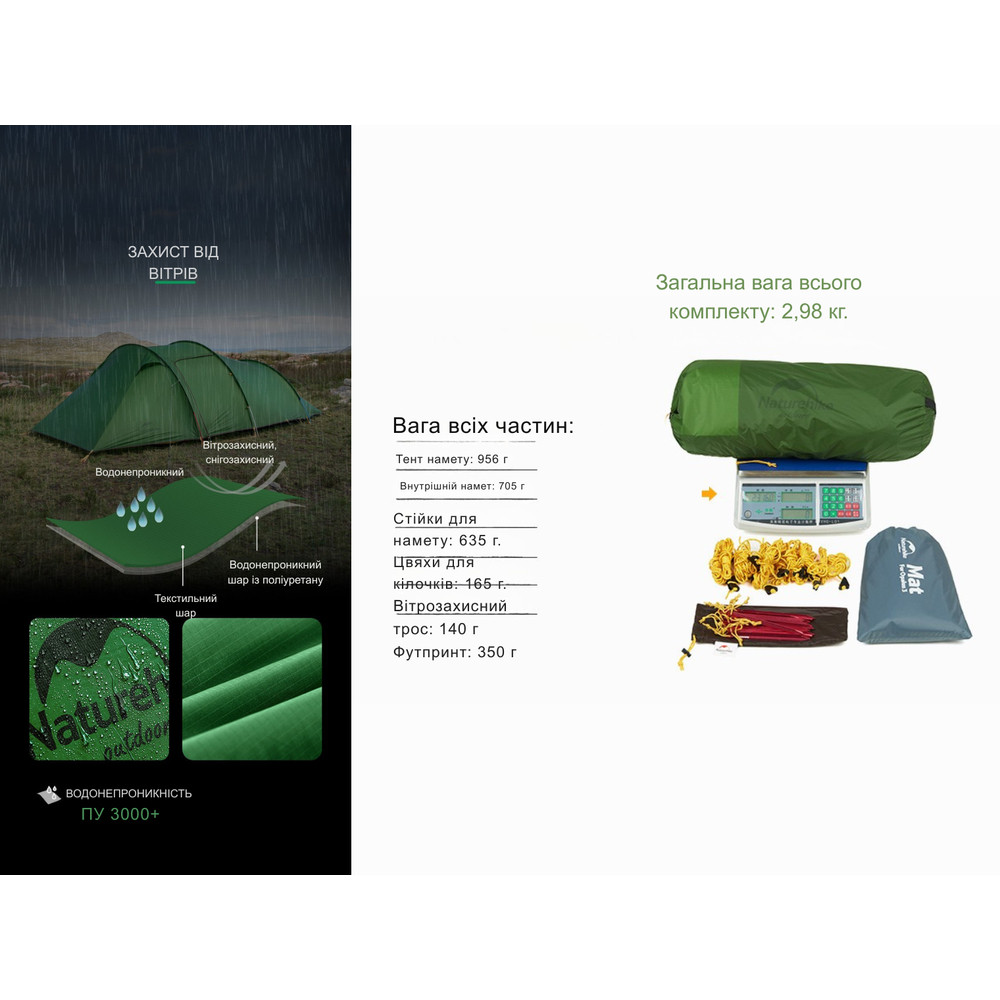 Намет тримісний Naturehike Opalus, UL, NH17L001-L, світло-зелений Київ - фото 13