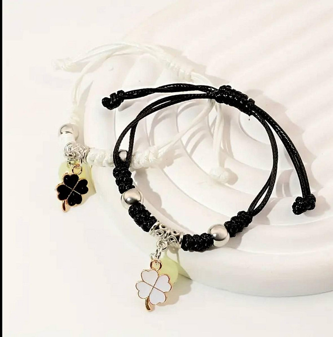 Парные браслеты с четырёхлистником, клевером, светящиеся – черный и белый Киев - изображение 2