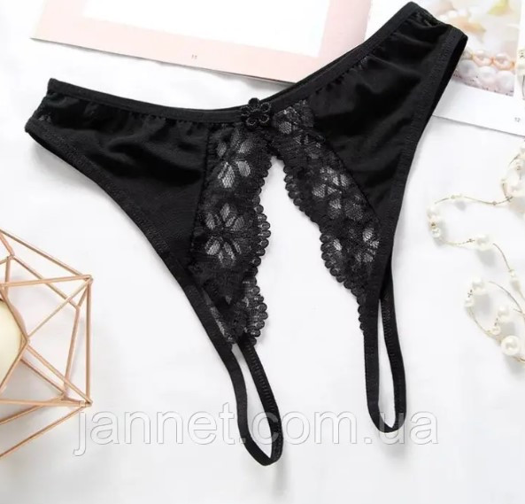 Еротичні трусики чорні з розрізом - розмір універсальний (на резинці) Київ - фото 1