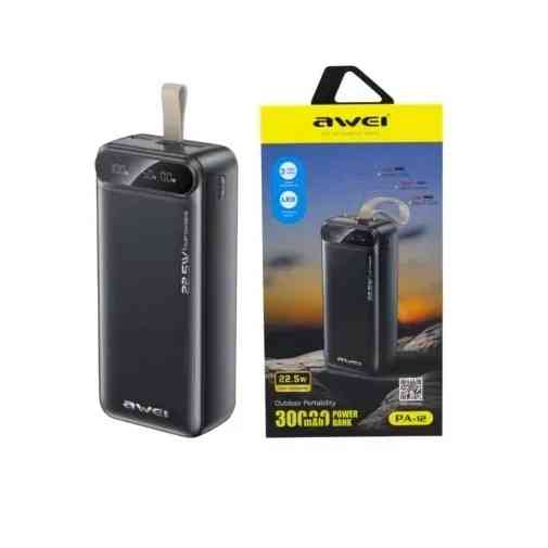 Універсальна мобільна батарея Powerbank Awei PA-12 30000 mAh 22,5W зі швидким заряджанням Чорний Київ