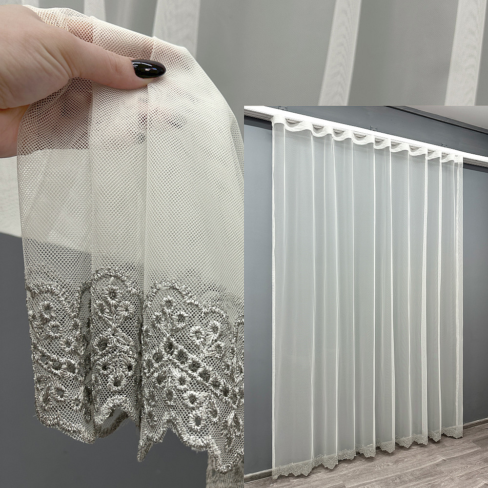 Тюль VR-Textil 1829т Грек-сетка с вышивкой и люрексом цвет Молочный с серым 280х270 см (40-176) Киев - изображение 1
