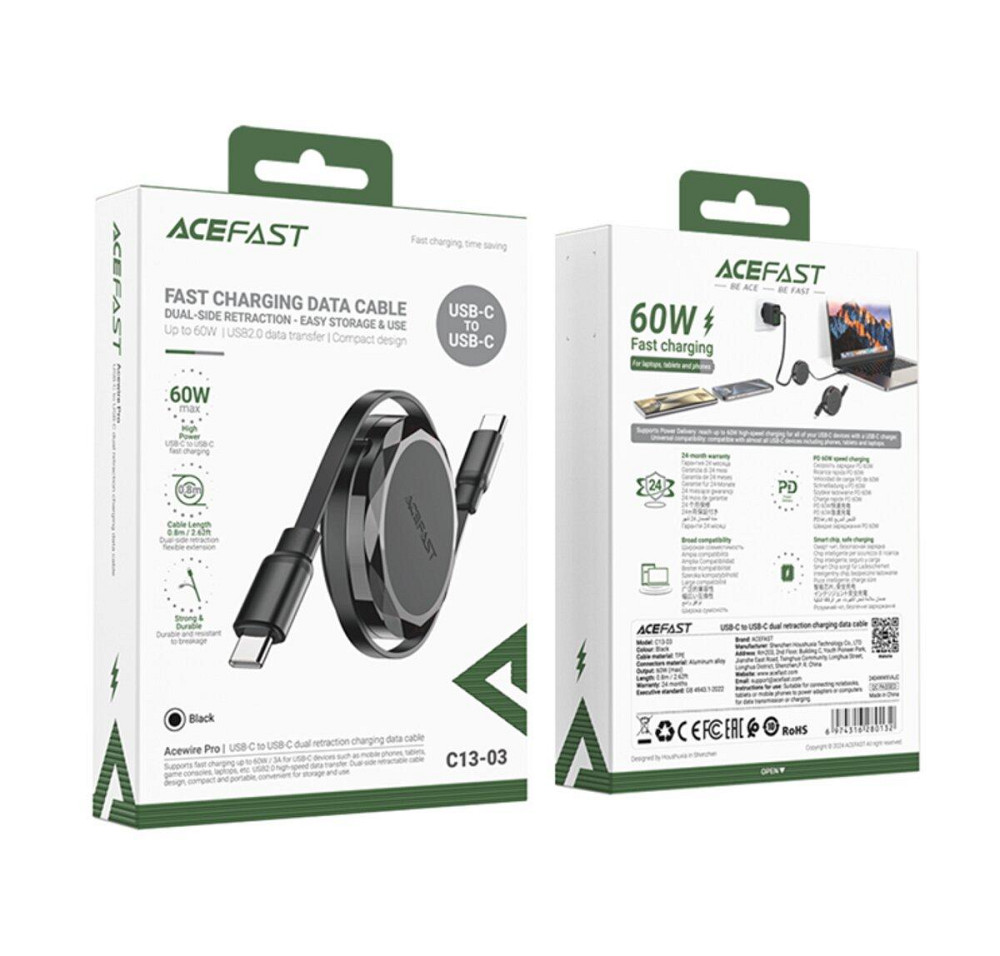 Кабель ACEFAST C13-03 USB-C - USB-C dual retraction charging data cable Black 6974316280132 Одесса - изображение 2