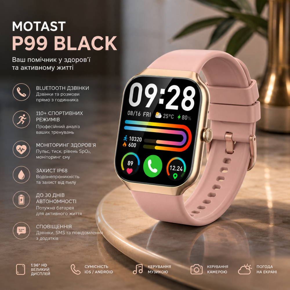 Смарт-годинник Motast P99 Black 1.96" HD, Bluetooth дзвінки, IP68, 110+ спортивних режимів, до 30 днів автономності Київ - фото 9