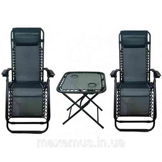 Шезлонг для отдыха на даче и пляже набор 2 шт + столик раскладной лежак с регулировкой спинки SP-167A зеленый Мостиска