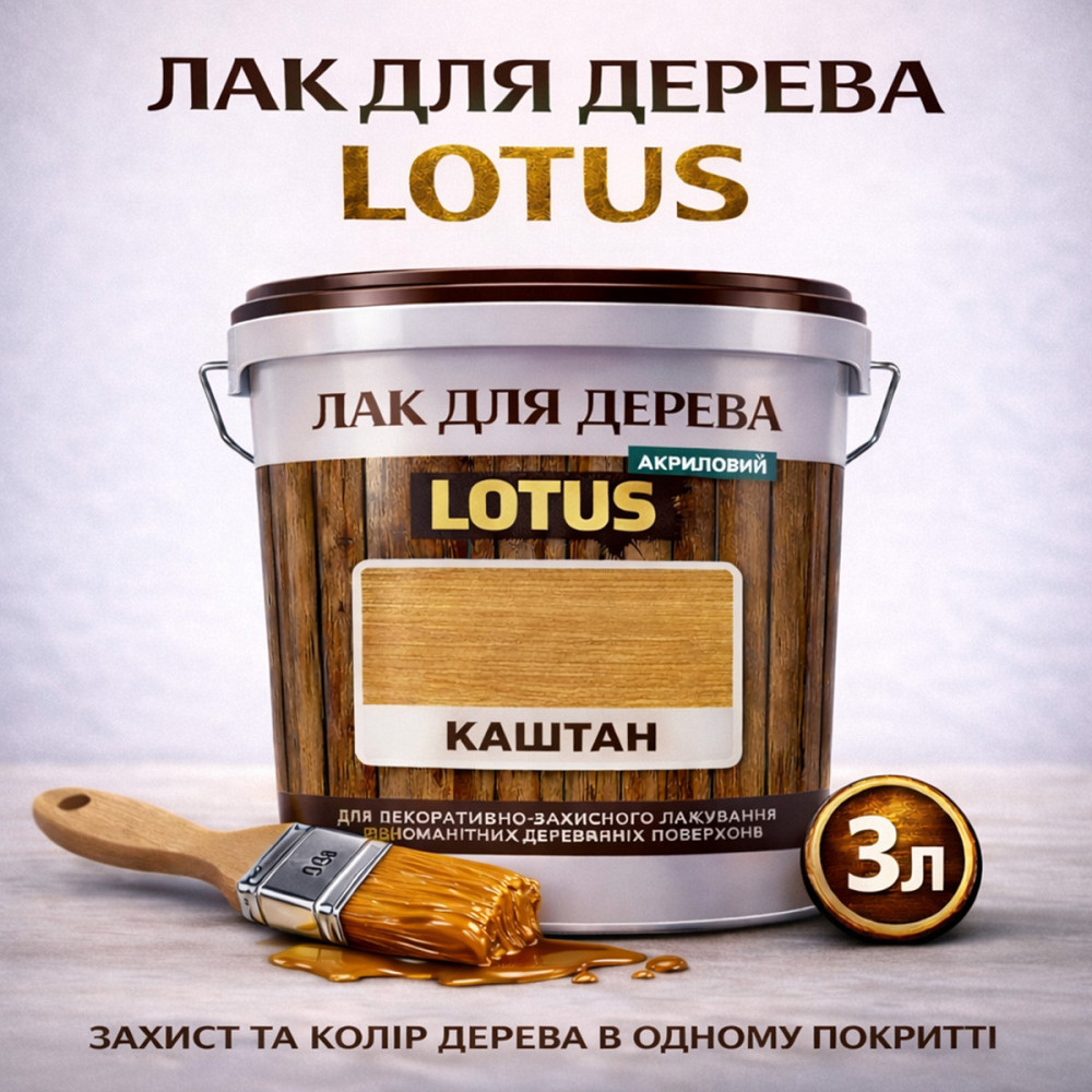 Лак для дерева кольоровий LOTUS Каштан, глянцевий, без запаху, зносостійкий, для внутрішніх та зовнішніх робіт, 3 л Харків - фото 1