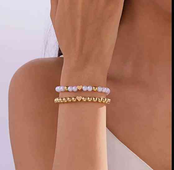 Набор женских браслетов с имитацией жемчуга и сердечками, золотистый Киев