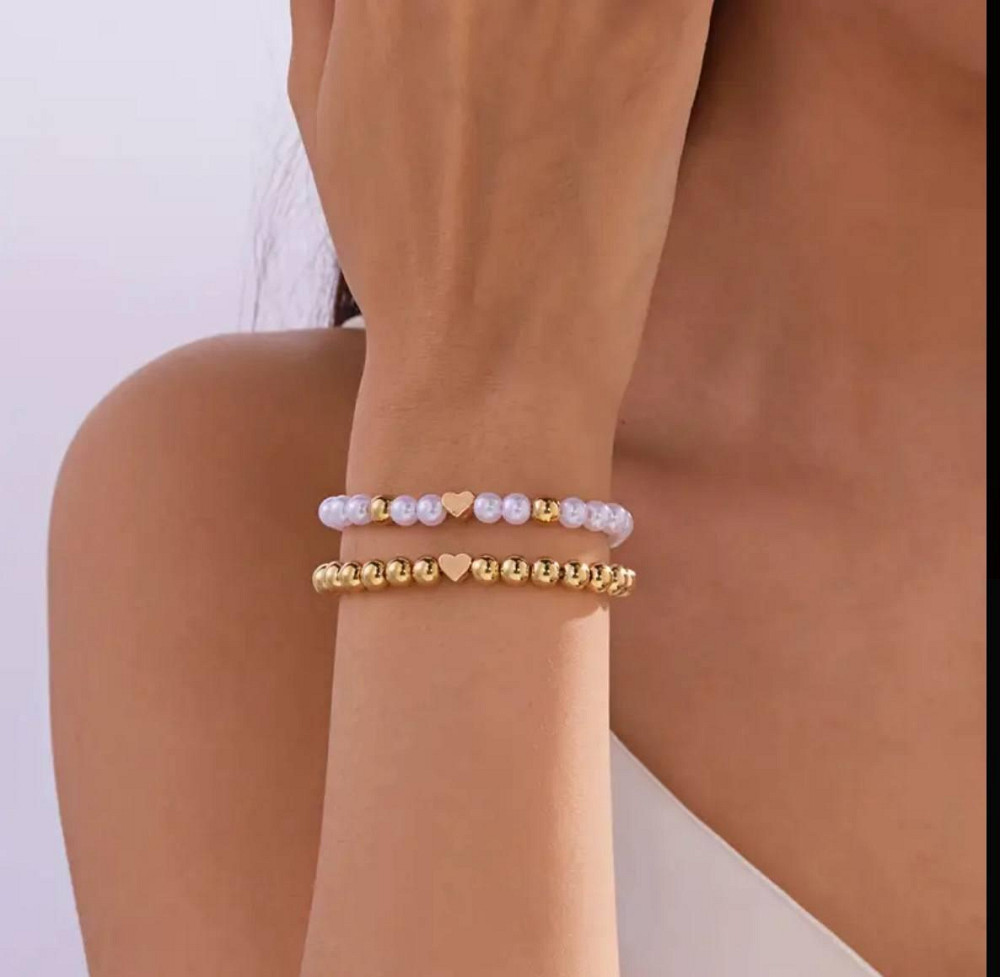 Набор женских браслетов с имитацией жемчуга и сердечками, золотистый Киев - изображение 2