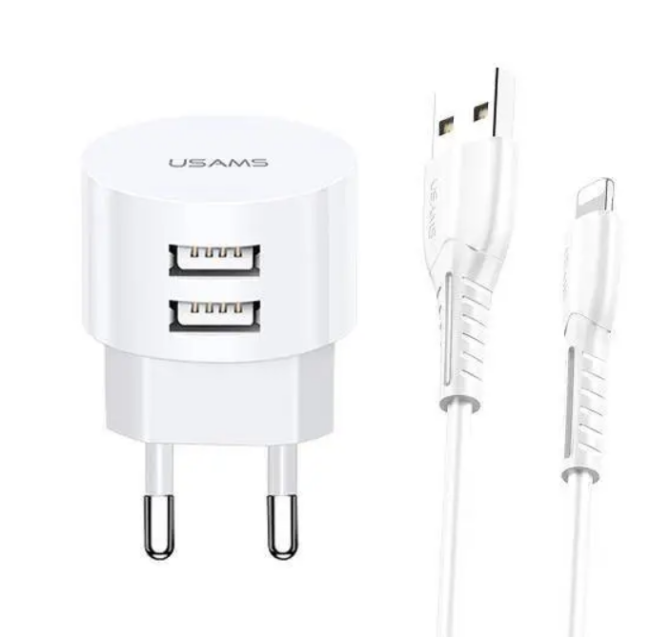 Зарядний пристрій мережевий 2USB + кабель Lightning 2,1А білий Usams XTXLOGT1804 Житомир - фото 1