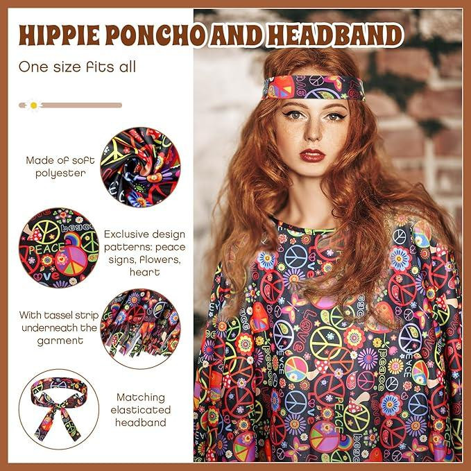 Хіпі костюм жіночій ретро у стилі 60х 70х для Хелловіну, вечірки, корпоративу, карнавальний комплект хіппі пончо Київ - фото 2