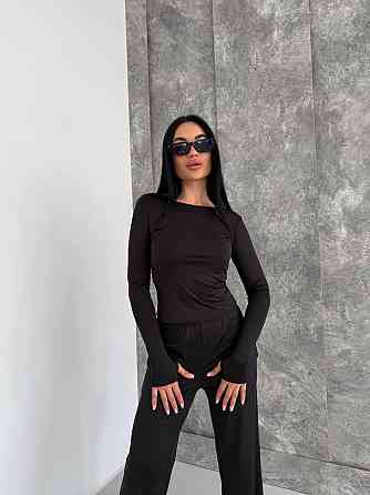 Женский базовый костюм тройка: лонгслив, футболка и штаны микродайвинг Черный Одесса