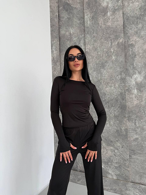 Женский базовый костюм тройка: лонгслив, футболка и штаны микродайвинг Черный Одесса - изображение 1