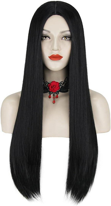 Довга жіноча чорна пряма перука у стилі Мортіши Аддамс для Геловіну, вечірок, косплею, термостійка, синтетичне волосся Київ - фото 1