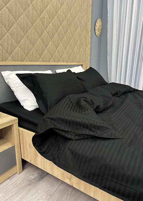 Комплект постельного белья Страйп-сатин Двуспальный 180х220 с простыней на резинке Черный (88-118) Киев - изображение 8
