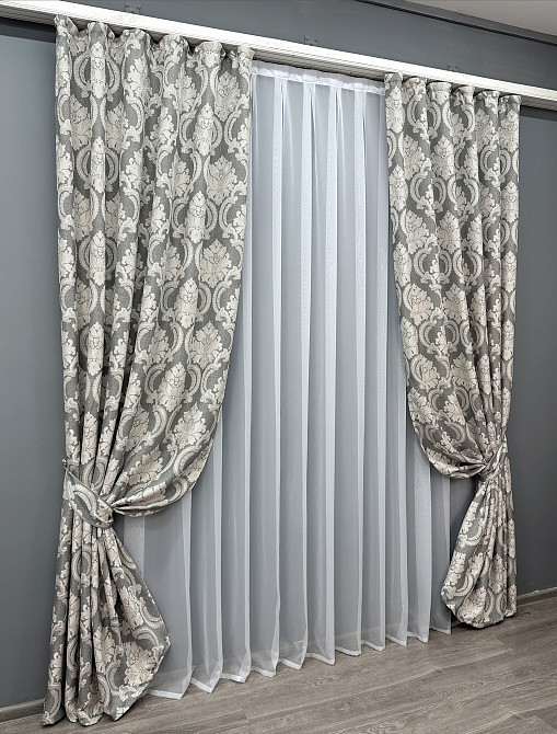 Комплект готовых штор VR-Textil Лен Корона Мария № 1266ш Графитовый с светло-бежевым 130х270 см 2 шт (39-0032) Киев - изображение 3