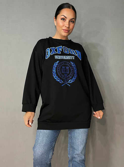 Свитшот женский LSK 6011 удлиненный оверсайз туника с вышивкой Oxford, черный, one size Киев - изображение 1