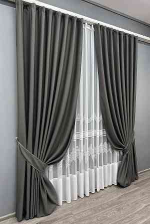 Комплект штор VR-Textil рогожка преміум TERRA LUXE 150х270 2шт і Тюль 600х270 1857ш-1704т Графітовий з білим 71-111/5 Київ