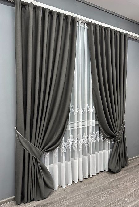 Комплект штор VR-Textil рогожка преміум TERRA LUXE 150х270 2шт і Тюль 600х270 1857ш-1704т Графітовий з білим 71-111/5 Київ - фото 3