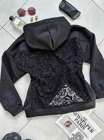 Женское стильное худи с прозрачной спинкой из кружева трехнитка на флисе + гипюр 48/52 Одесса