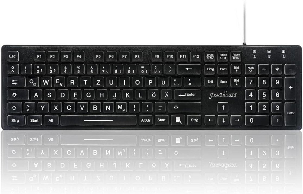 Клавіатура Perixx Periboard-317 чорна QWERTZ провідна USB повноформатна біле LED підсвічування великі символи Київ - фото 1