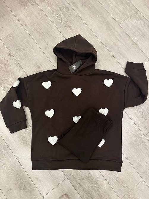 Женский теплый прогулочный костюм двойка с сердечками трехнить на флисе + ангора рубчик. Шоколад, 50/52 Одесса - изображение 4