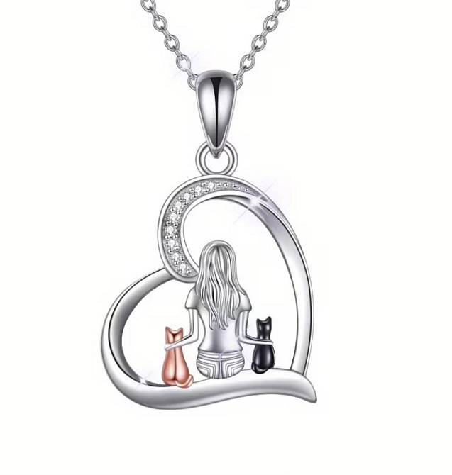 Кулон девушка с котами в сердце с цепочкой женская подвеска кошки украшение на шею подарок любителям кошек Киев - изображение 1