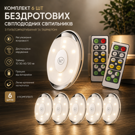 Комплект бездротових світлодіодних світильників 6 шт з пультом керування та таймером, колір білий [Уцінка] Київ