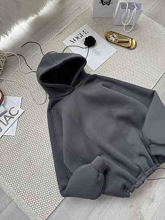 Жіноча стильна тепла худі з фіксаторами суцільна турська тринитка на флісі Графіт Одеса