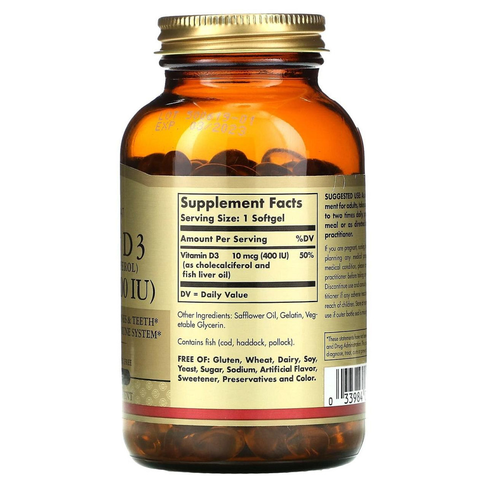 Вітамін D3 Solgar Vitamin D3 10 мкг (400 МЕ) 250 гелевих капсул Київ - фото 2