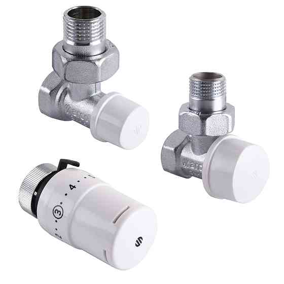 Набір Крани радіаторні кутові ARCO 1/2″ подача + зворотка+ термоголовка KC001 KCТ01 М30 Тернополь