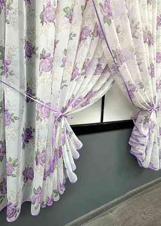 Кухонные шторки VR-Textil № 101к с подвязками Белый с сиреневым 320х170 см (52-1208) Киев