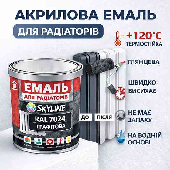 Акрилова емаль для радіаторів і труб опалення SkyLine, глянцева, термостійка, без запаху, графітова, 3 л Харків