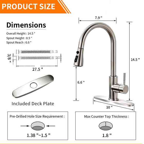 Змішувач для кухні латунний з гнучким висувним шлангом з нержавіючої сталі з матовим нікелевим покриттям Кам'янець-Подільський