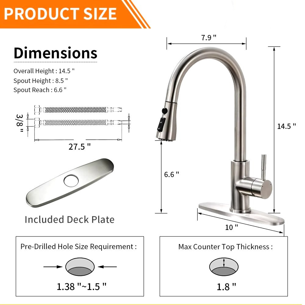 Змішувач для кухні латунний з гнучким висувним шлангом з нержавіючої сталі з матовим нікелевим покриттям Кам'янець-Подільський - фото 6