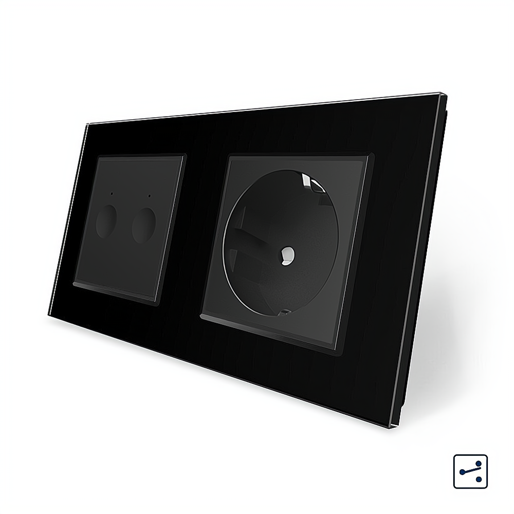 Сенсорний прохідний/перехресний вимикач Sense 2 сенсора 1 розетка Livolo чорний скло (VL-C7FC2S/FCTC16A-4BP) Коломыя - изображение 1