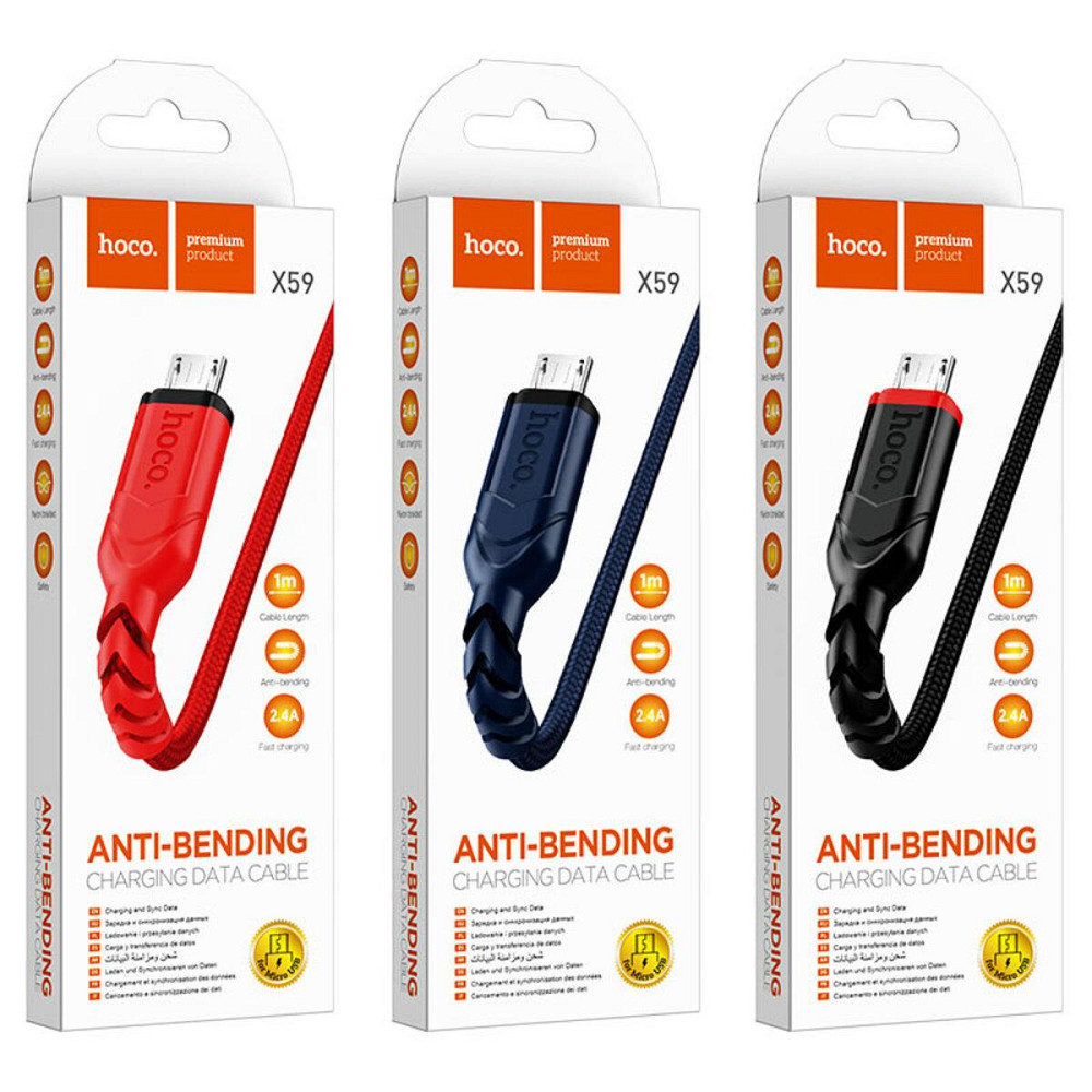 Кабель HOCO X59 USB - Micro 2.4A, 1m, нейлон, TPE конектори, колір чорний 6931474744890 Одеса - фото 5